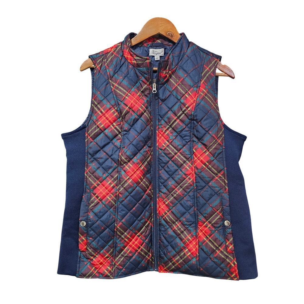 Kim Rogers Quilted Zip-Up Vest Blue Red Plaid Size L NWT